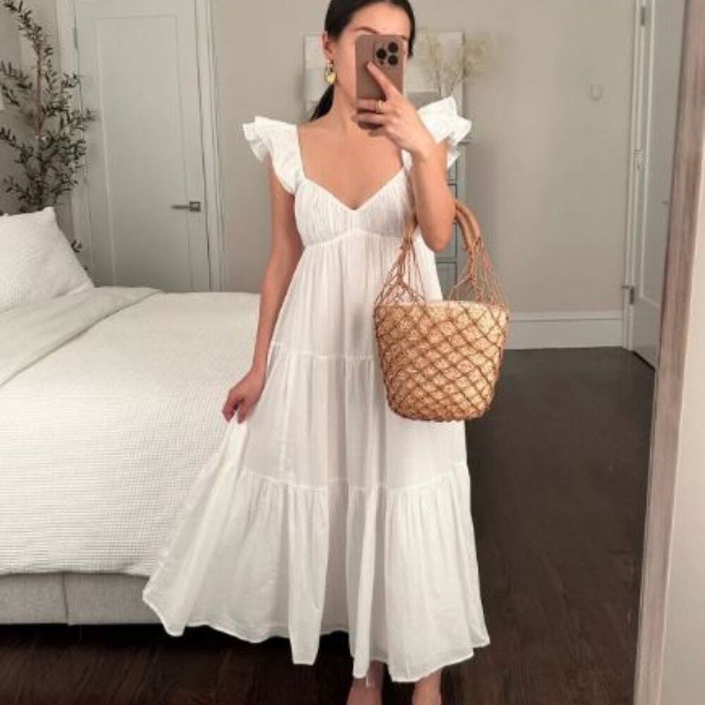 Abercrombie Ruffle Flutter Sleeve Sheer Maxi Dress White SP